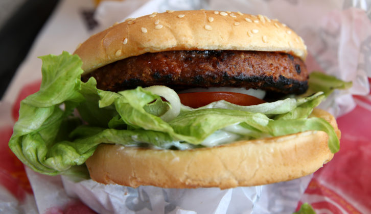 SAN FRANCISCO, CALIFORNIA - JUNE 10: In this photo illustration, a Carl's Jr. Famous Star Beyond Meat burger is displayed at a Carl's Jr. restaurant on June 10, 2019 in San Francisco, California. Plant-based burger company Beyond Meat has seen their stock price surge over 475 percent since its $25 IPO on May 1.  (Photo Illustration by Justin Sullivan/Getty Images)