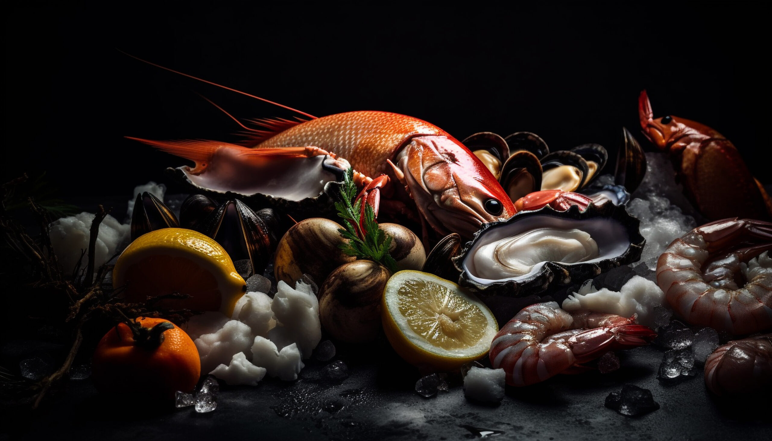Fresh seafood meal grilled prawn, scampi, and octopus generated by artificial intelligence, Image courtesy of Vecteezy