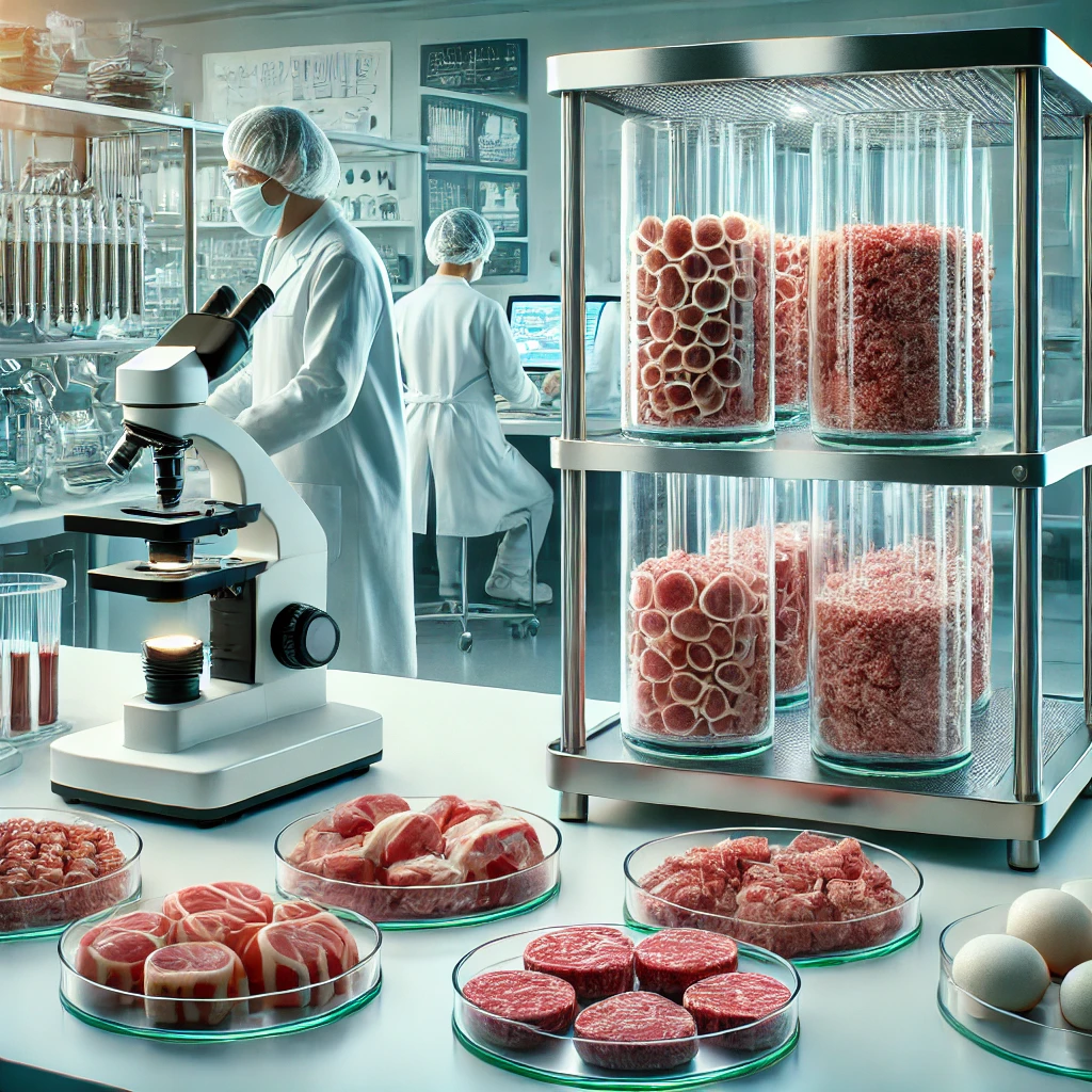 Cultivated meat is scaled up-and its price is dramatically reduced DALL·E 2024 09 14 11.46.38 A detailed and realistic image of lab grown meat in a laboratory setting showing scientists working with bioreactors and petri dishes. The lab enviro